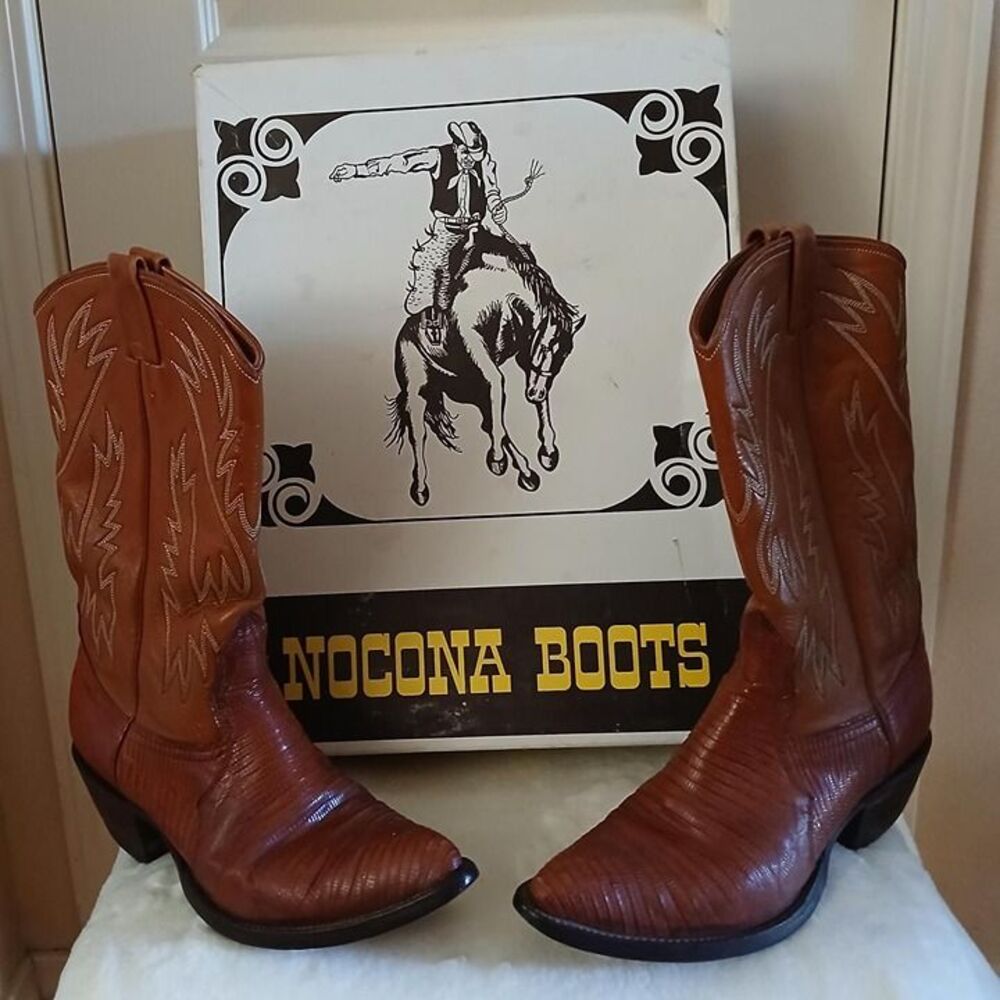 Vintage 90s Nocona Brown Teju Lizard Cowboy Boots 9.5 D Western Wear Texas Made
